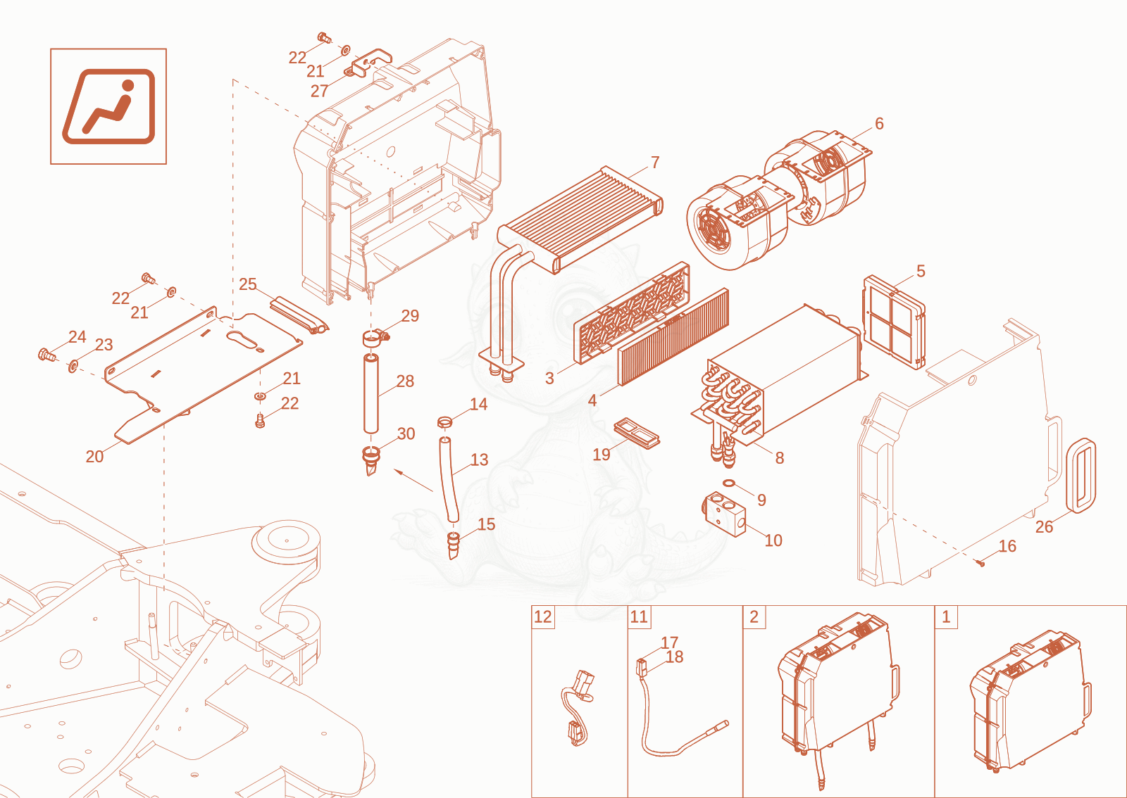Exploded parts diagram of the HEATING, AIR-CONDITIONING PLANT (Option) of a Wacker Neuson EZ26-2, with numbered balloons