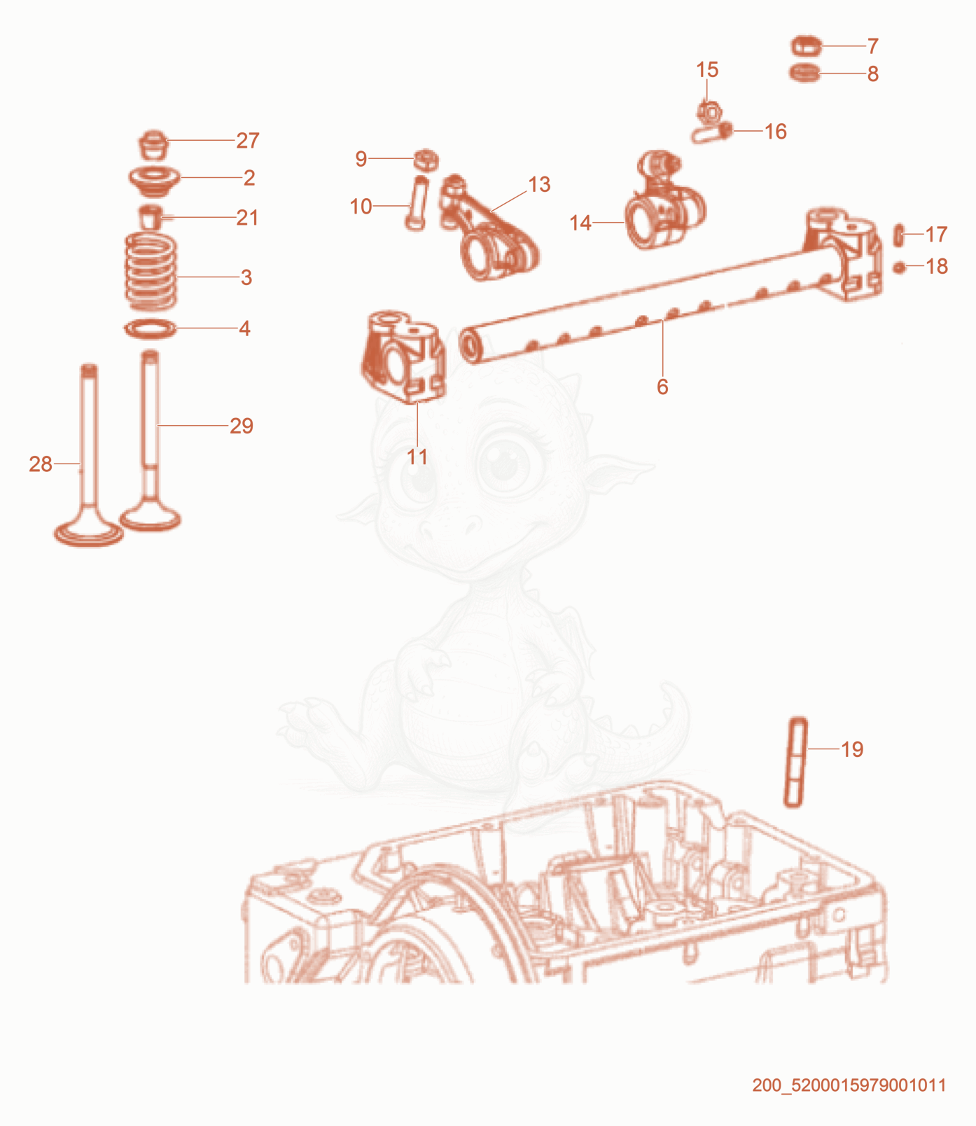 Exploded parts diagram of the Rocker Arms/Valves of a Wacker Neuson RTL82-SC3, with numbered balloons
