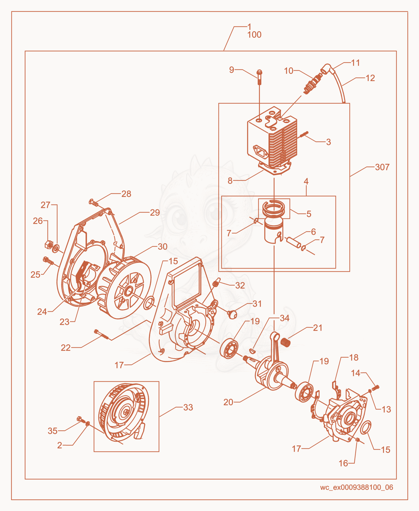 Exploded parts diagram of the Engine-WM 80 of a Wacker Neuson BS70-2, with numbered balloons