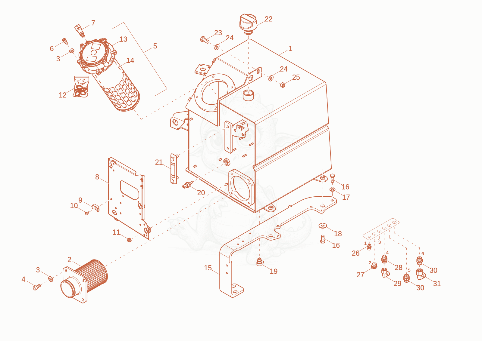 Exploded parts diagram of the hydraulic tank of a Wacker Neuson EW100-2, with numbered balloons