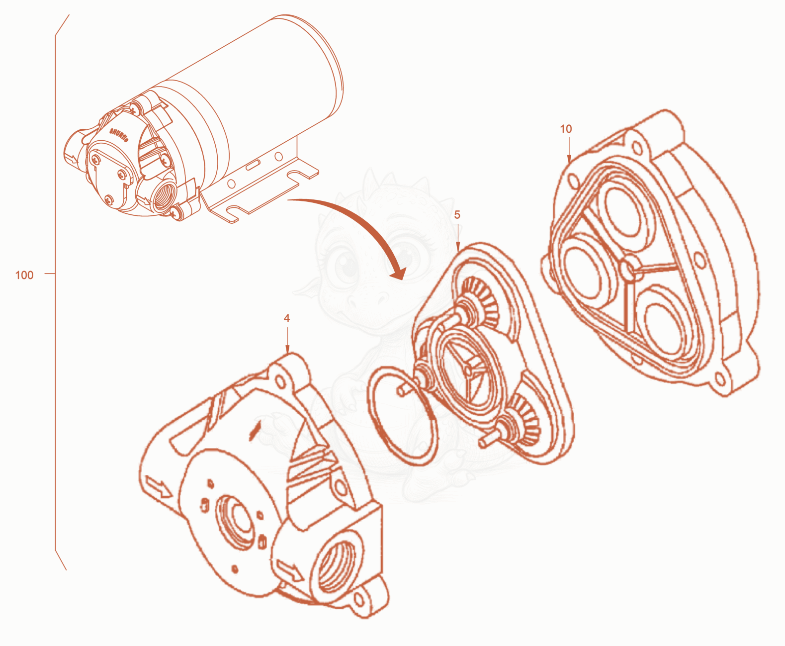 Exploded parts diagram of the water pump of a Wacker Neuson RD45-140US, with numbered balloons