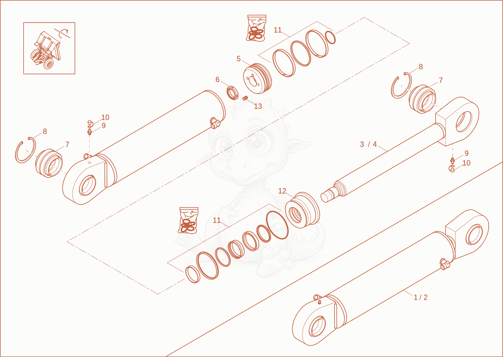 Exploded parts diagram of the tilt ram of a Wacker Neuson DV100, with numbered balloons