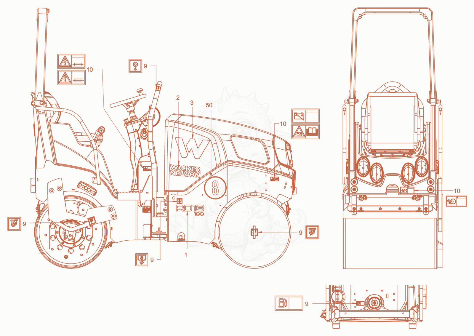 Exploded parts diagram of the sticker arrangement of a Wacker Neuson RD18-100C, with numbered balloons