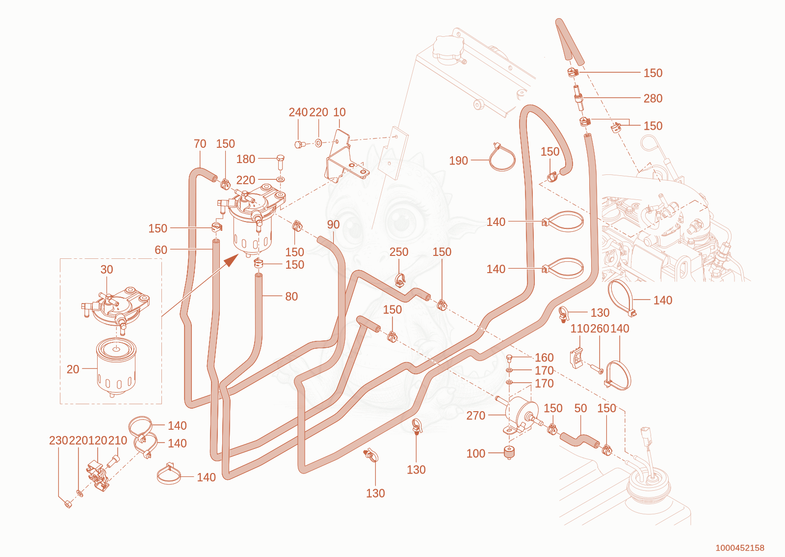 Exploded parts diagram of the fuel system of a Wacker Neuson TH412(T01-01), with numbered balloons