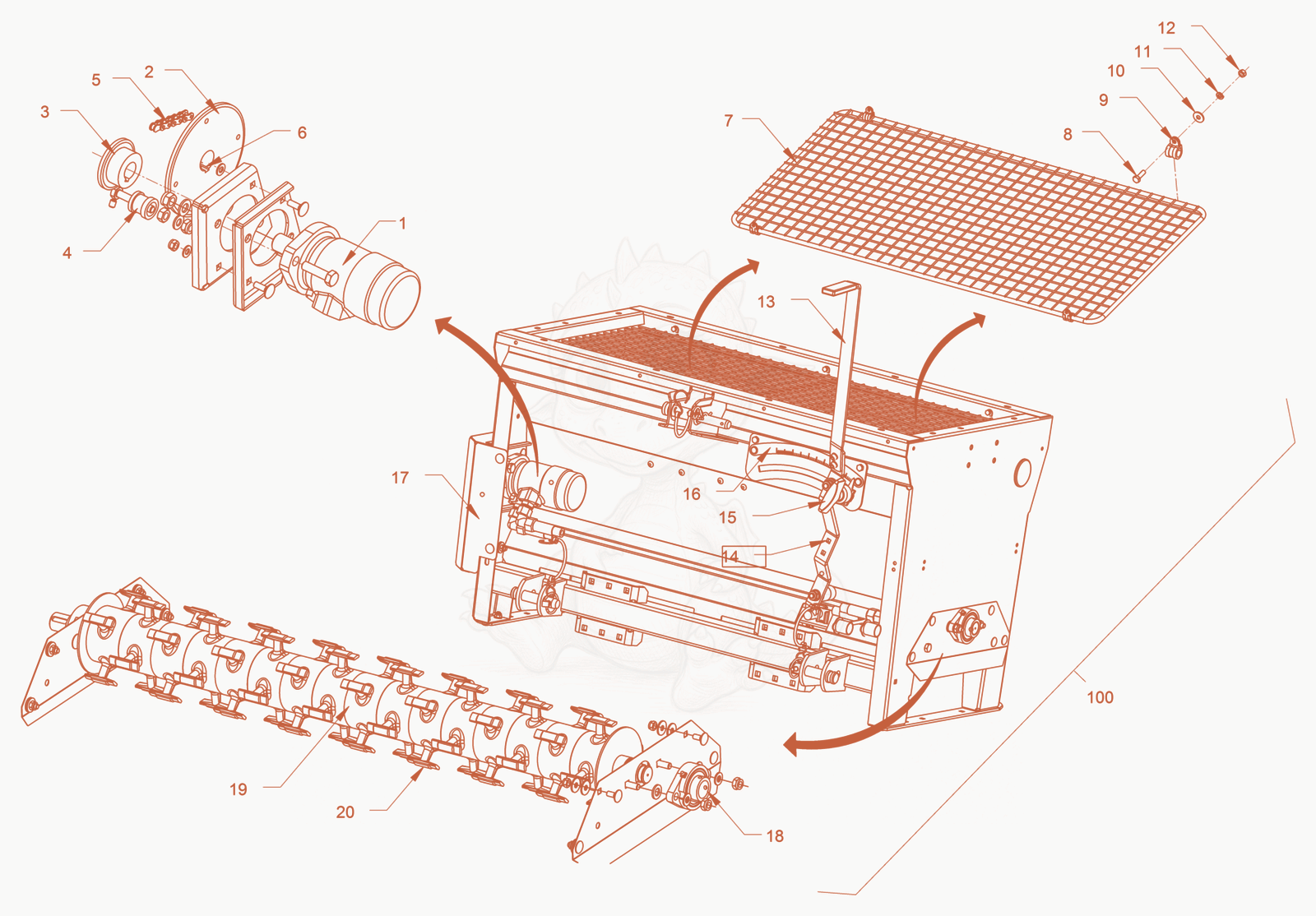 Exploded parts diagram of the chip spreader of a Wacker Neuson RD40-130O, with numbered balloons