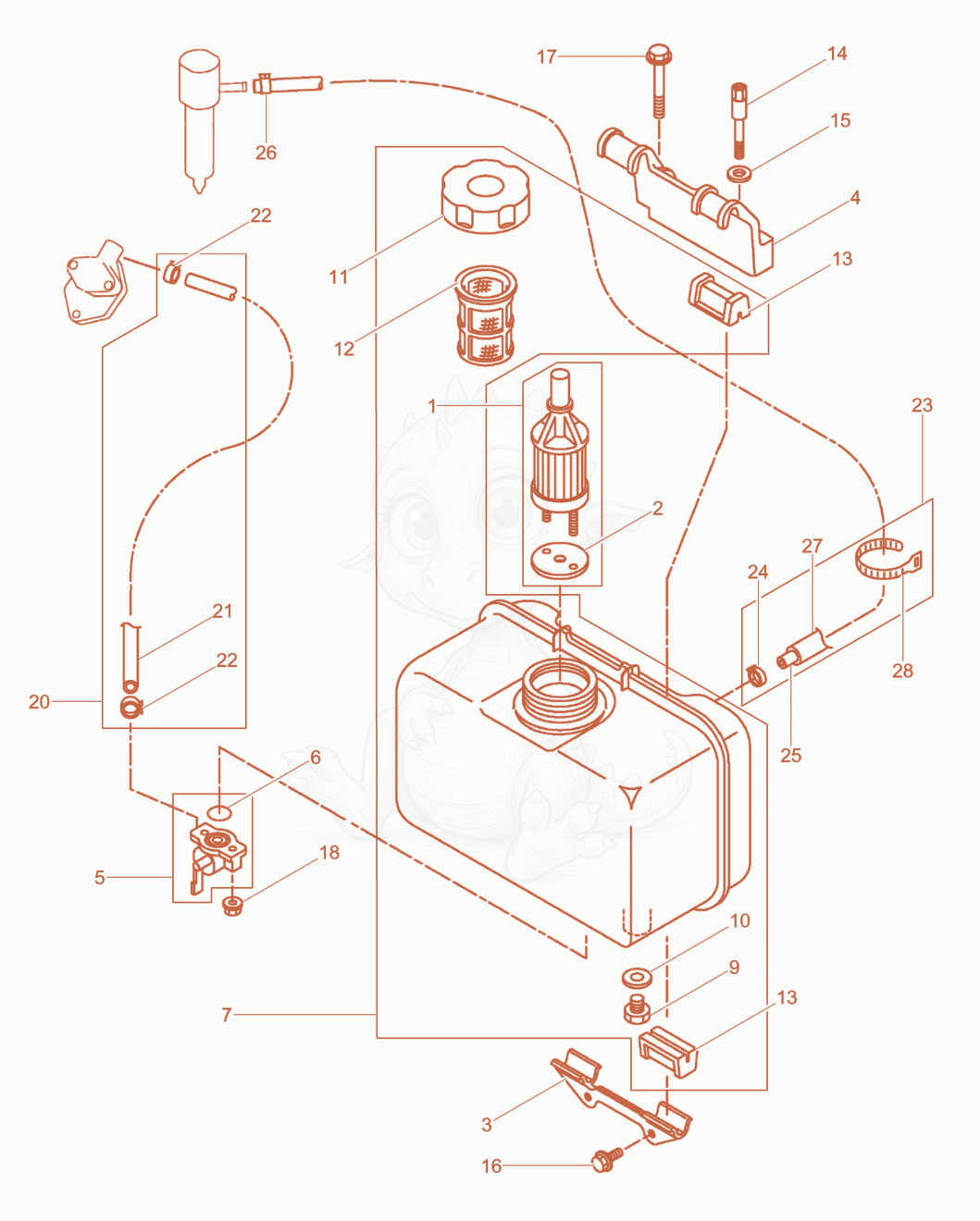 Exploded parts diagram of the Fuel Tank, Fuel Pipes of a Wacker Neuson RD7YEHFBHRC, with numbered balloons
