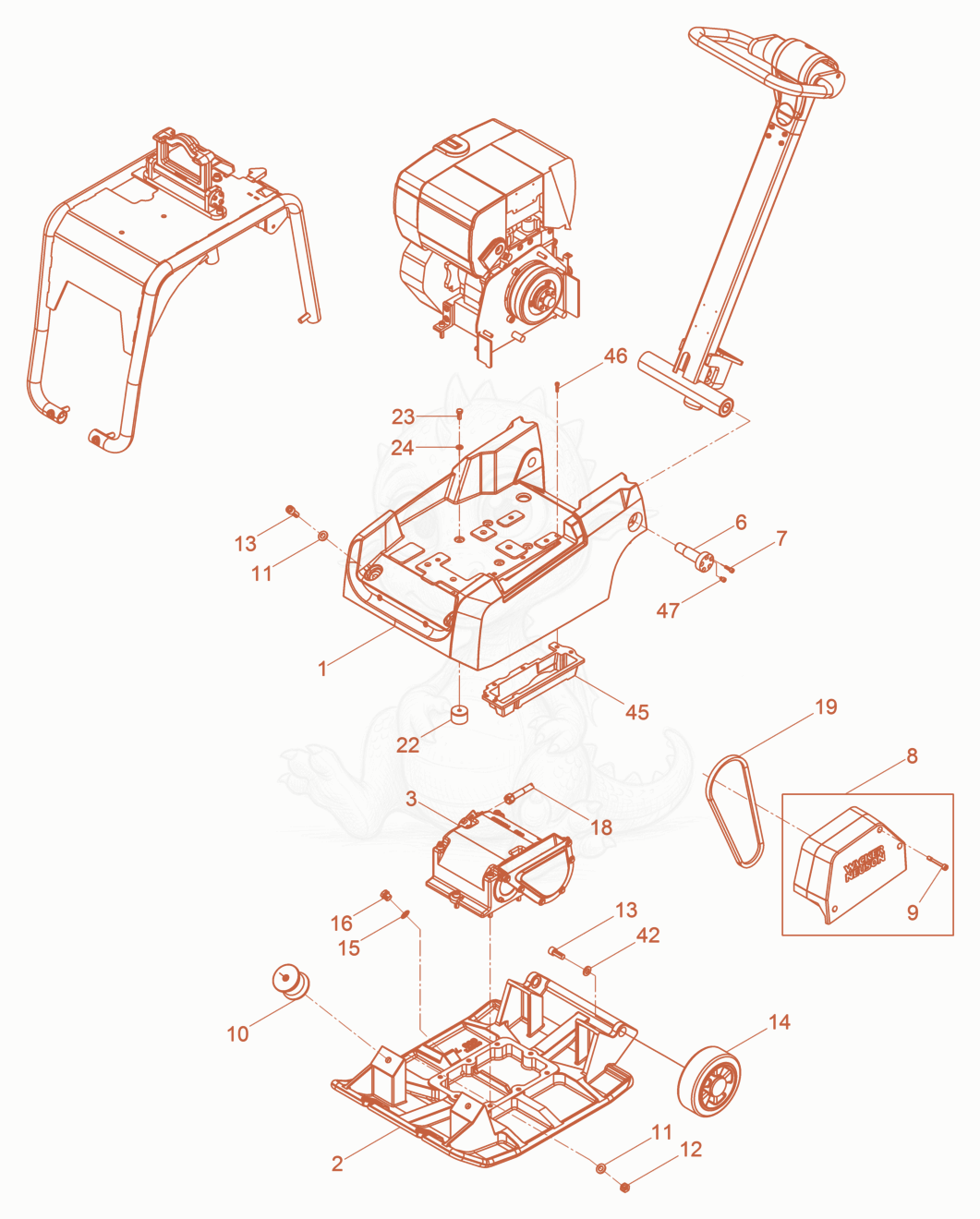 Exploded parts diagram of the Vibration Plate of a Wacker Neuson DPU3050HUS, with numbered balloons