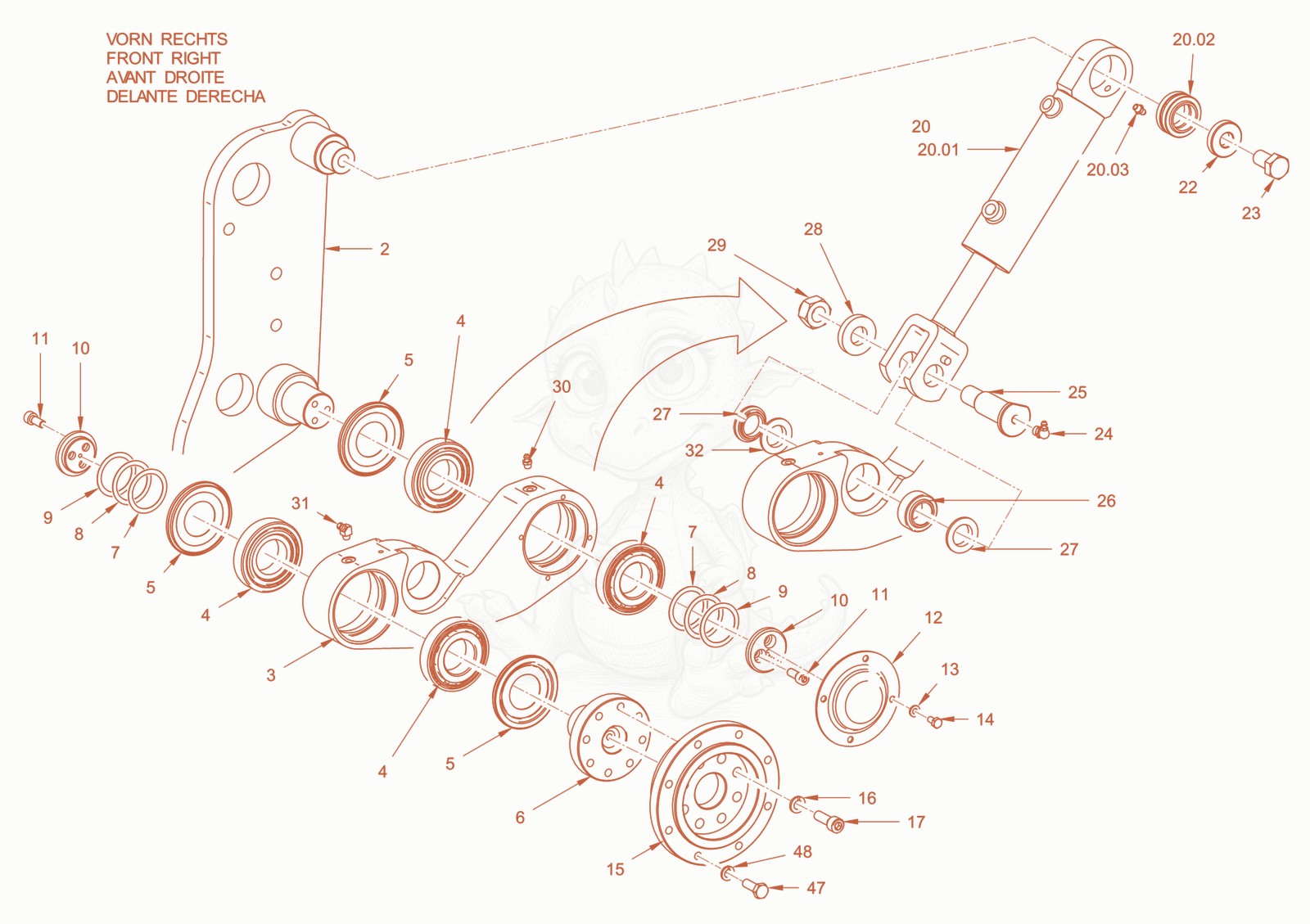 Exploded parts diagram of the edge pressing and cutting device of a Wacker Neuson RD28-120DPF, with numbered balloons