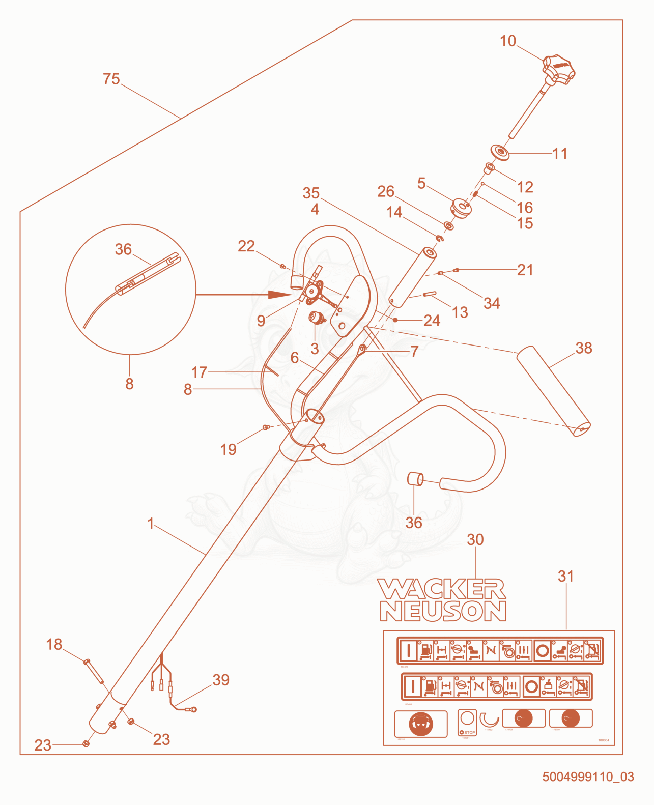 Despiece del Twist Pitch Trowel Handle-EU de una máquina Wacker Neuson CT36-5AEU, con globos numerados