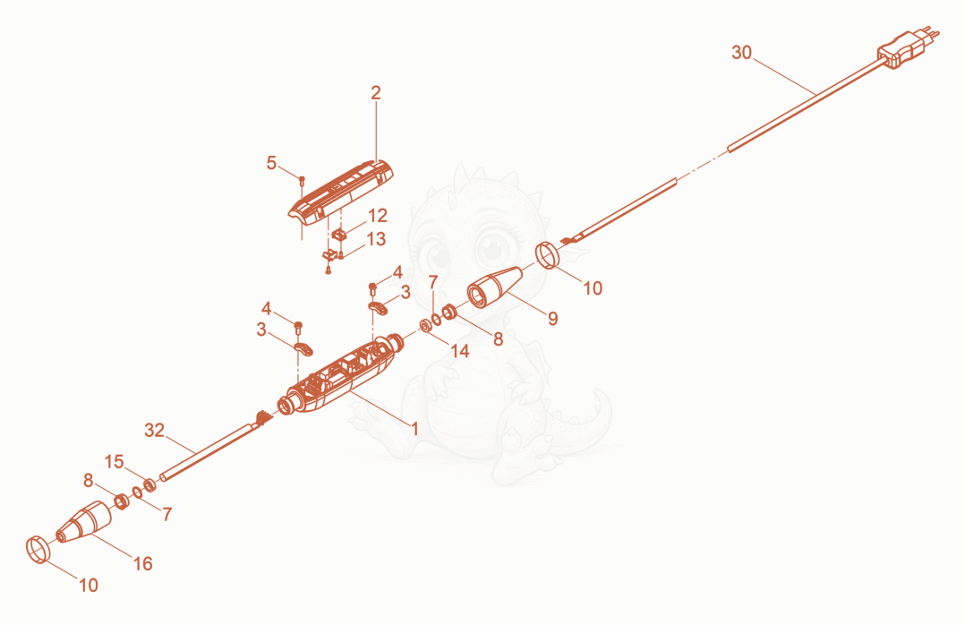 Exploded parts diagram of the Power cable with bodyguard of a Wacker Neuson IRFU45/230/5CH, with numbered balloons