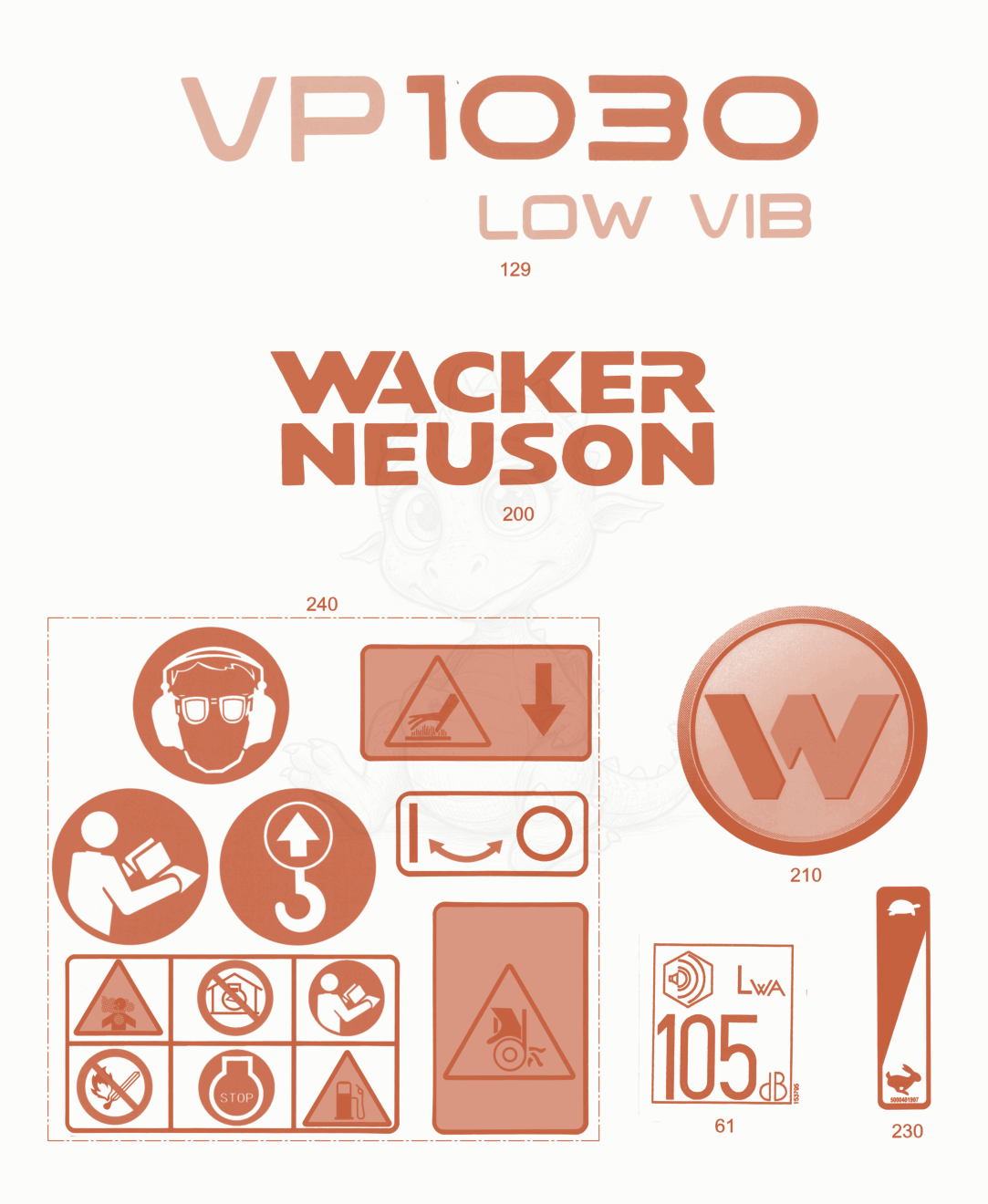 Exploded parts diagram of the Labels of a Wacker Neuson VP1030A, with numbered balloons