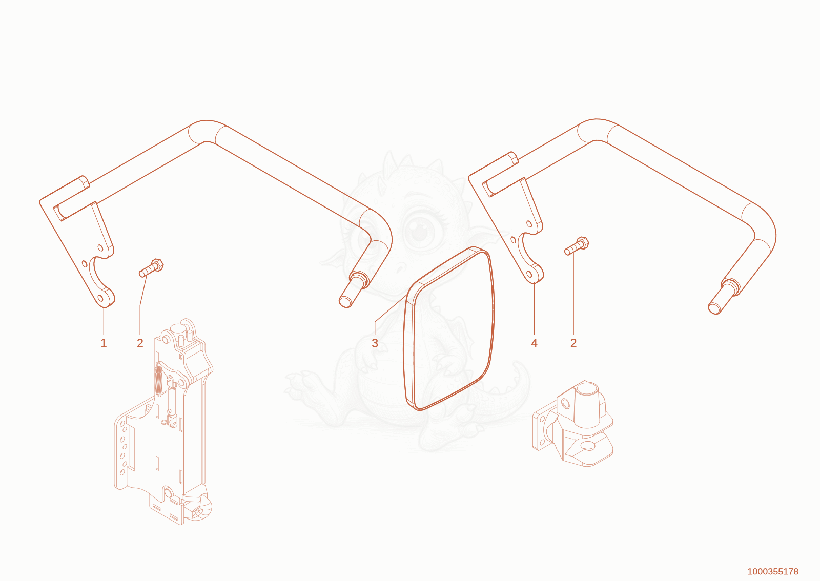 Exploded parts diagram of the Trailer hitch mirror of a Wacker Neuson TH755(416-14), with numbered balloons