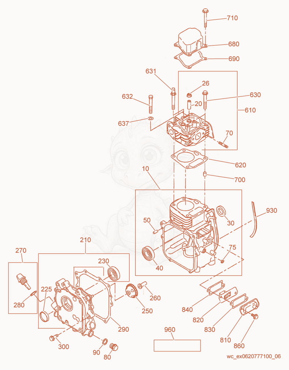 Despiece del Crankcase cpl. de una máquina Wacker Neuson GPI1700, con globos numerados