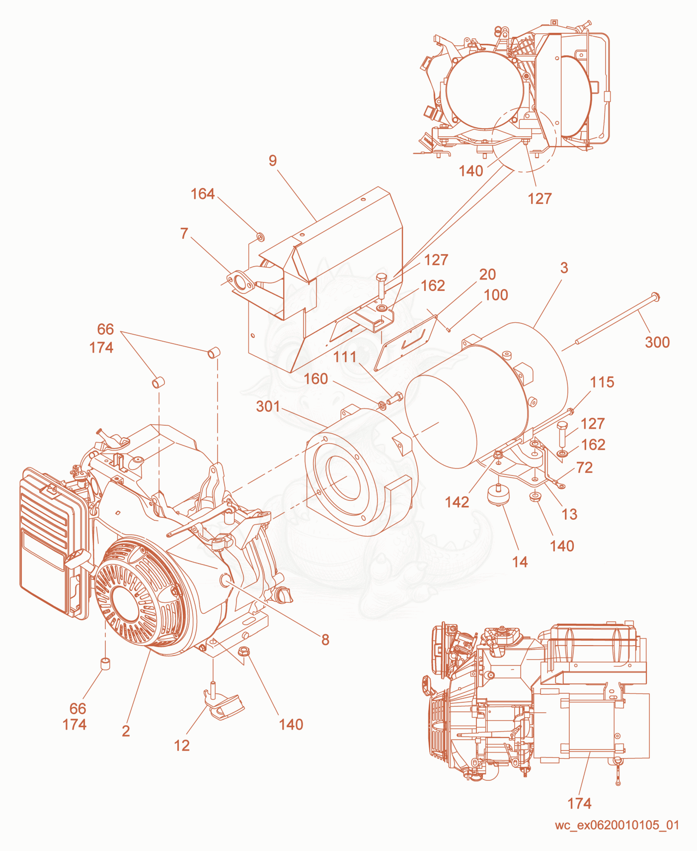 Exploded parts diagram of the Engine/Generator cpl. of a Wacker Neuson GP3800A, with numbered balloons