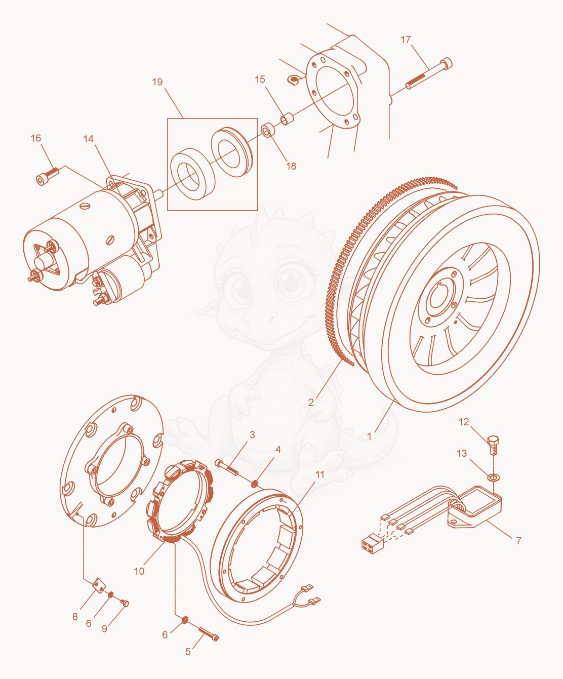 Despiece del Starter cpl. de una máquina Wacker Neuson DPU7060RC, con globos numerados