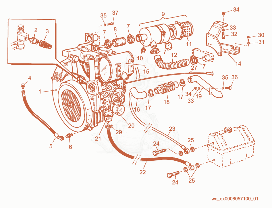Despiece del Engine/Intake-Exhaust Feeding de una máquina Wacker Neuson RD15, con globos numerados