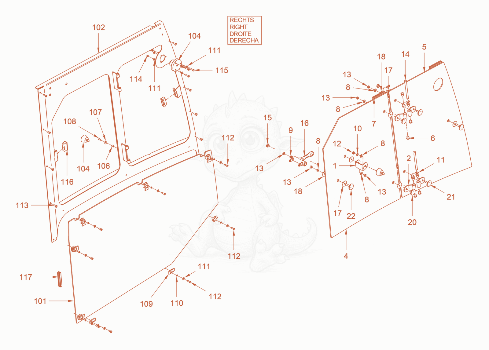 Exploded parts diagram of the driver's cabin of a Wacker Neuson RC70VOUS, with numbered balloons