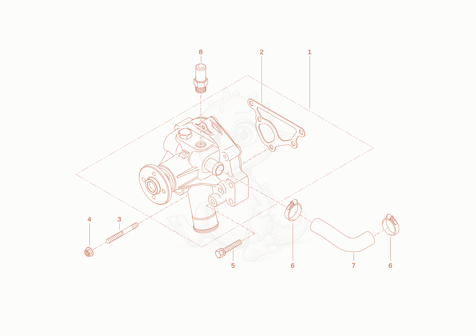 Exploded parts diagram of the water pump of a Wacker Neuson TH522STAGEV, with numbered balloons