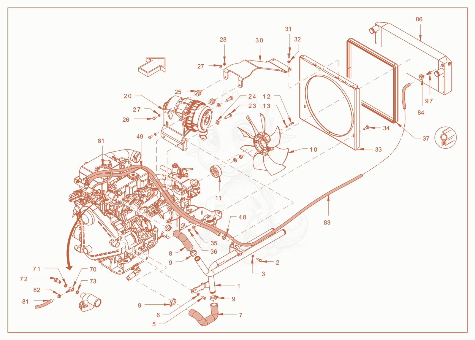 Exploded parts diagram of the cooling (engine/hydraulic oil) of a Wacker Neuson RD24-100OUS, with numbered balloons