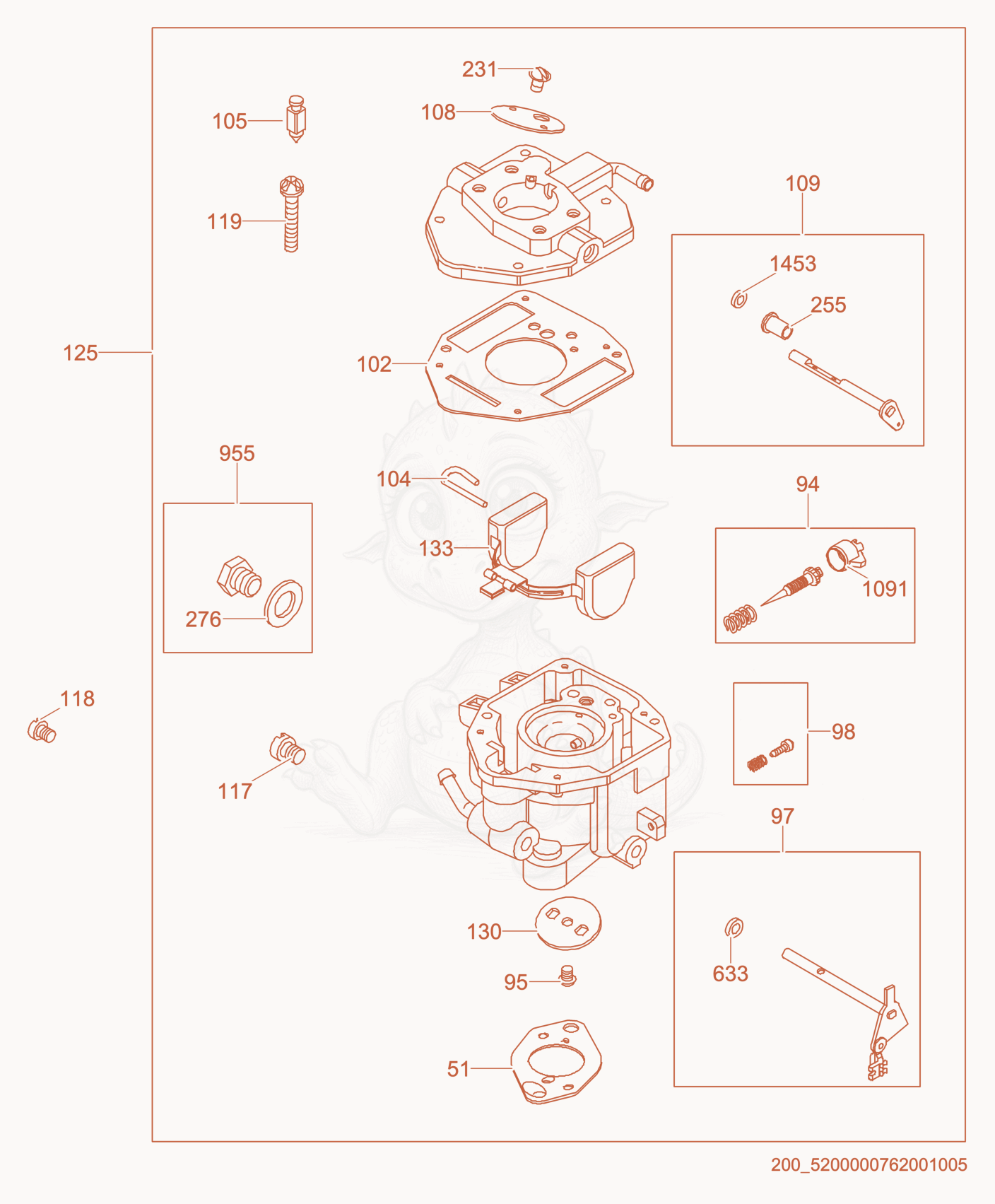 Exploded parts diagram of the Carburetor of a Wacker Neuson GPS9700, with numbered balloons