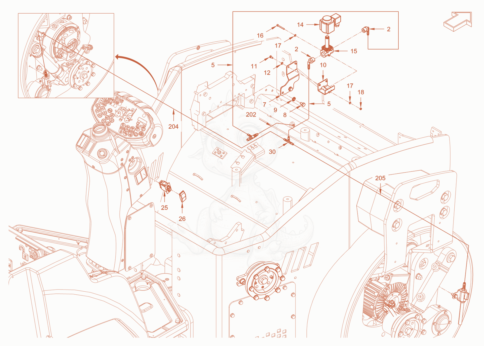 Exploded parts diagram of the edge pressing and cuttingdevice of a Wacker Neuson RD24-100E, with numbered balloons