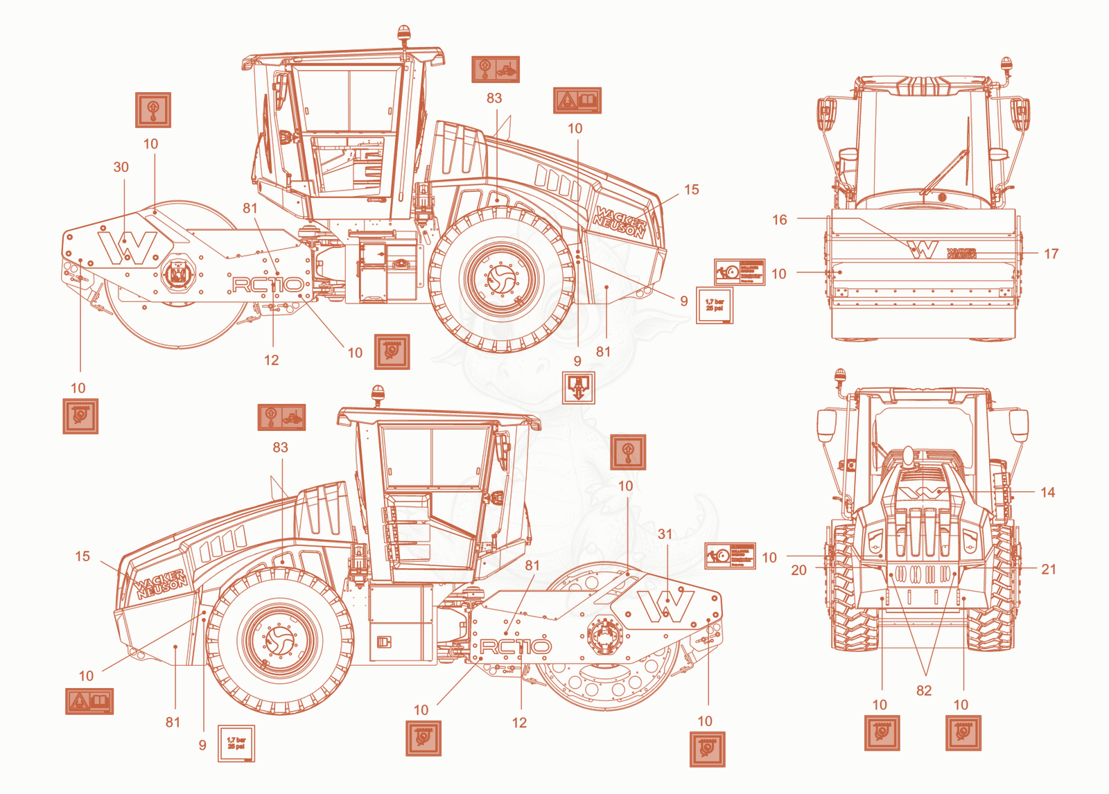 Exploded parts diagram of the sticker arrangement of a Wacker Neuson RC110CAB, with numbered balloons