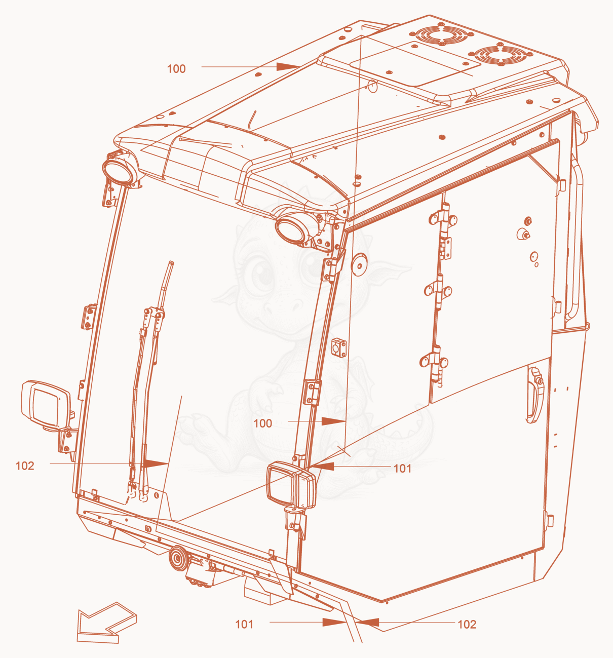 Exploded parts diagram of the driver's cabin of a Wacker Neuson RC50P, with numbered balloons
