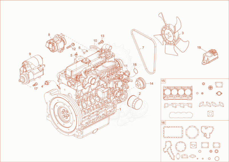 Exploded parts diagram of the diesel engine of a Wacker Neuson DT25, with numbered balloons