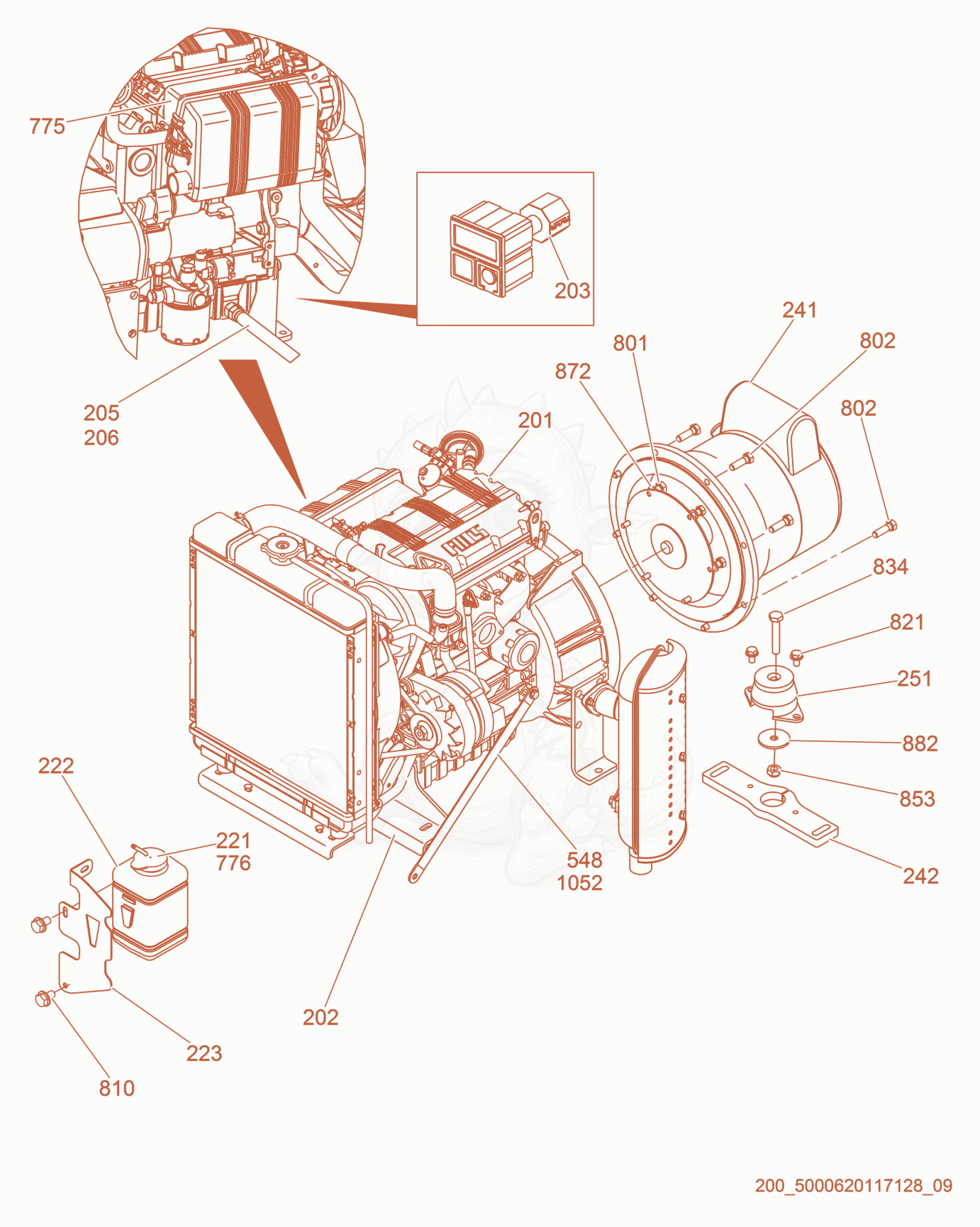 Exploded parts diagram of the Generator/Engine Support/Exhaust Pipe of a Wacker Neuson LTN6LE, with numbered balloons