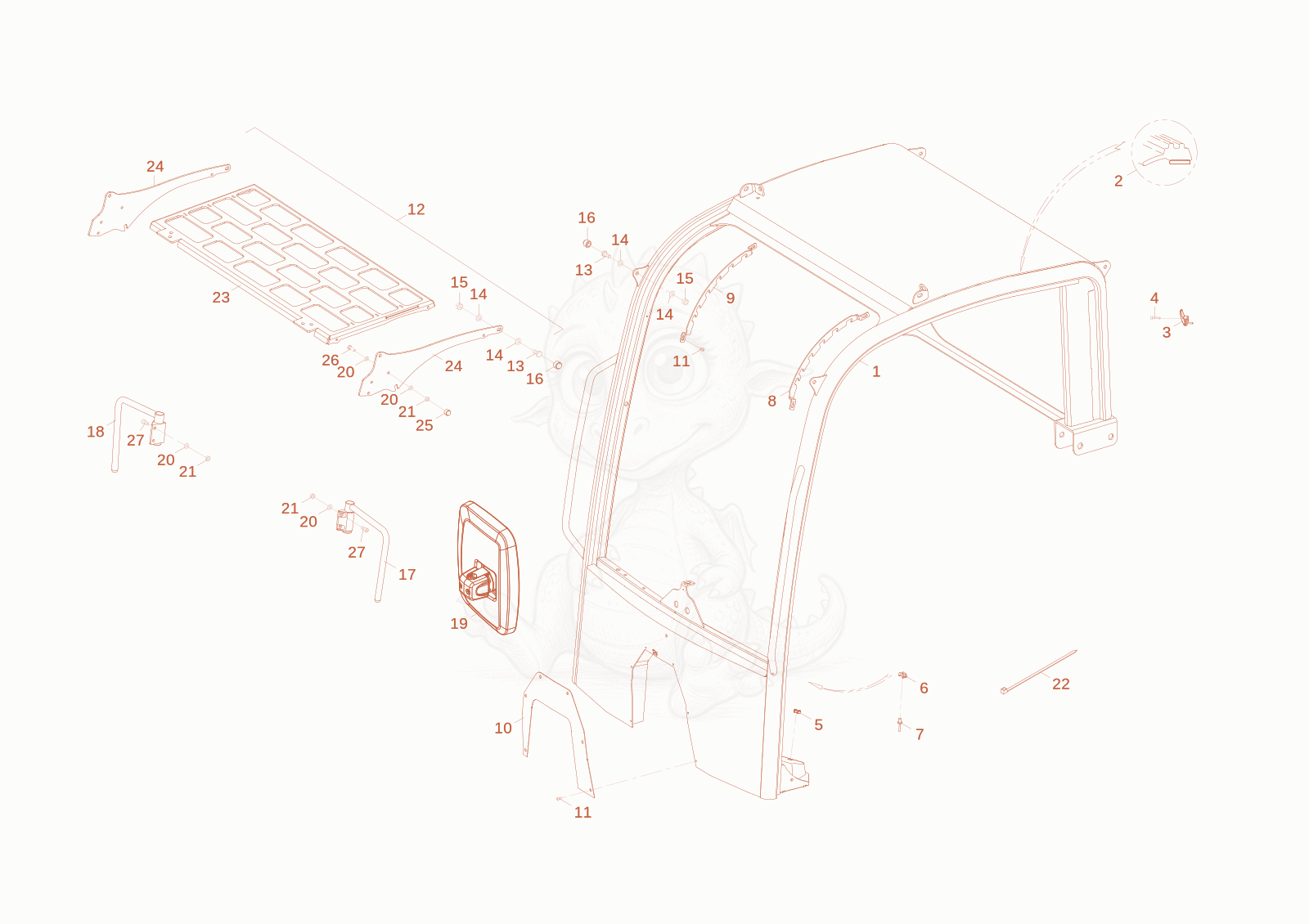 Exploded parts diagram of the cab frame of a Wacker Neuson WL34, with numbered balloons