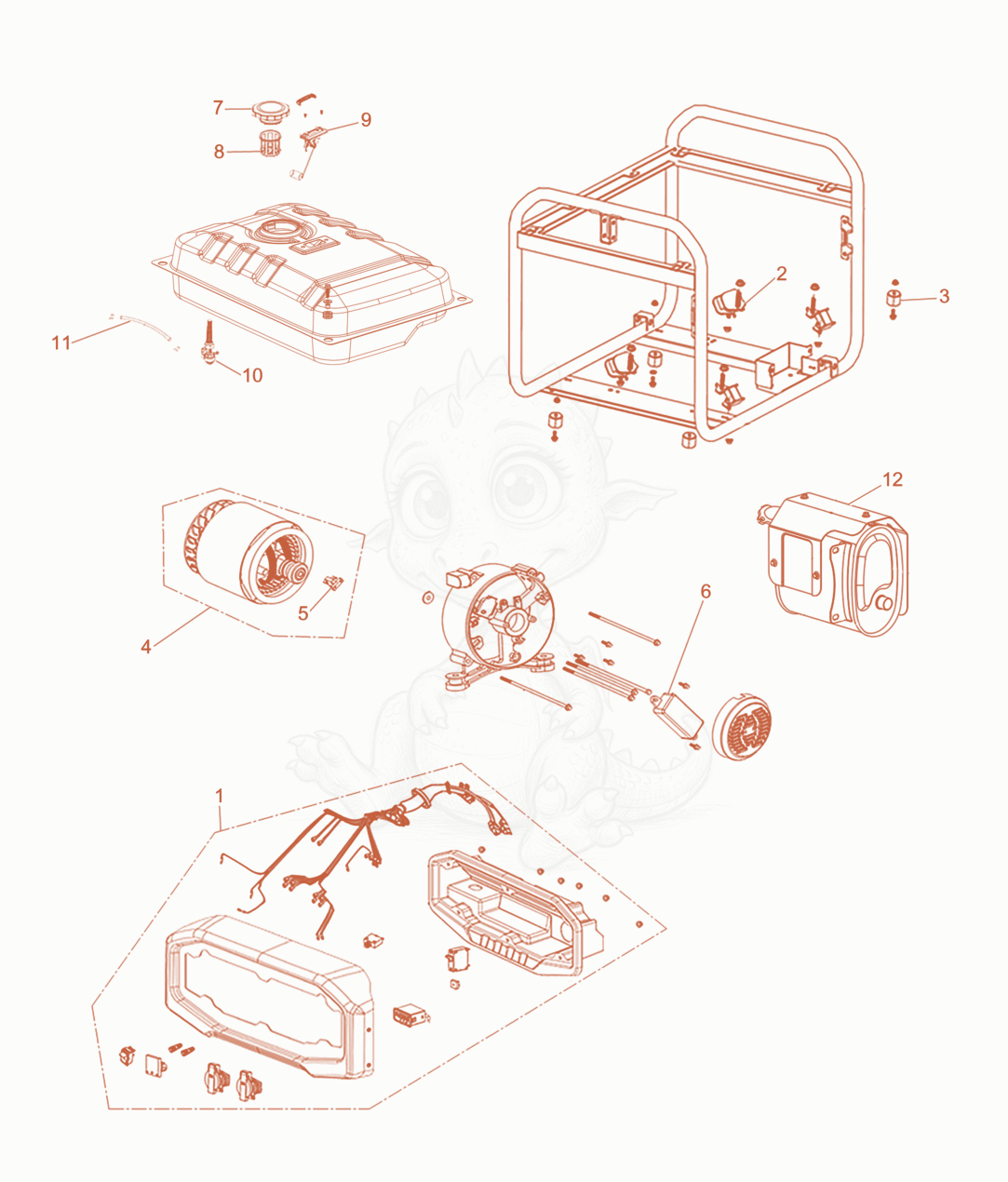 Despiece del Generator de una máquina Wacker Neuson MG3-CL, con globos numerados