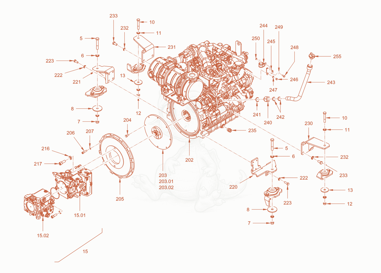 Exploded parts diagram of the pump drive and engine assembly of a Wacker Neuson RC50DPFCAB, with numbered balloons