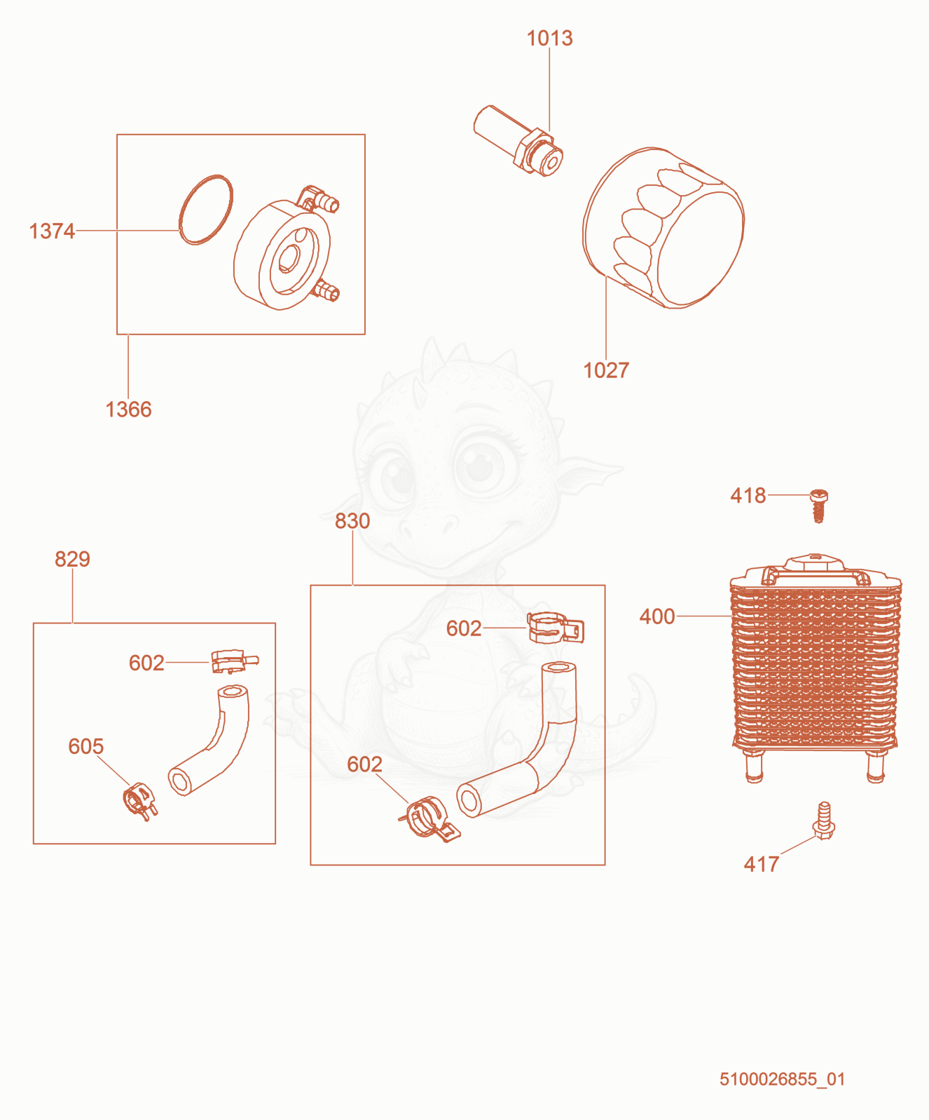 Exploded parts diagram of the Oil Cooler / Filter of a Wacker Neuson CRT48-37VEU, with numbered balloons