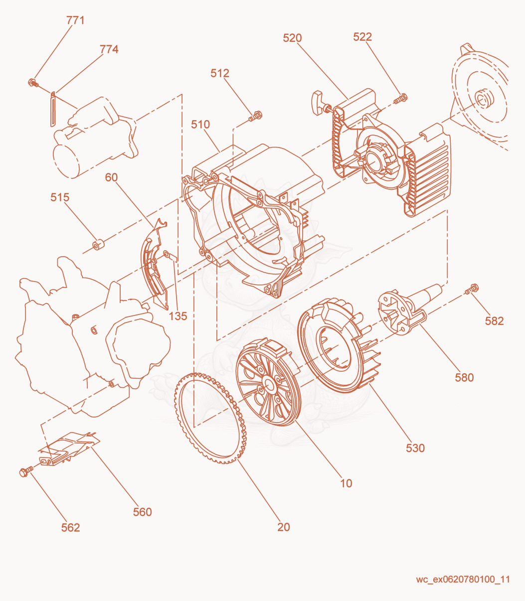 Exploded parts diagram of the Flywheel/Blower Housing of a Wacker Neuson GPSI3200, with numbered balloons