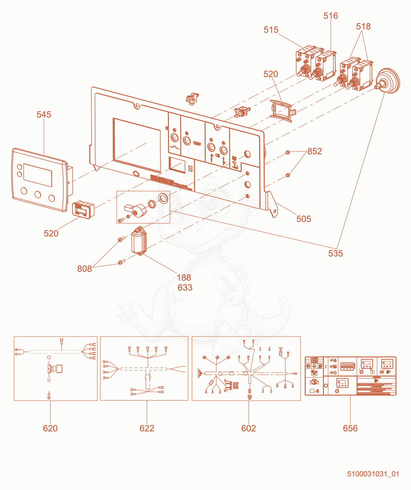 Exploded parts diagram of the Option-Control Panel, Power Winch/Auto Start of a Wacker Neuson LTV6K, with numbered balloons