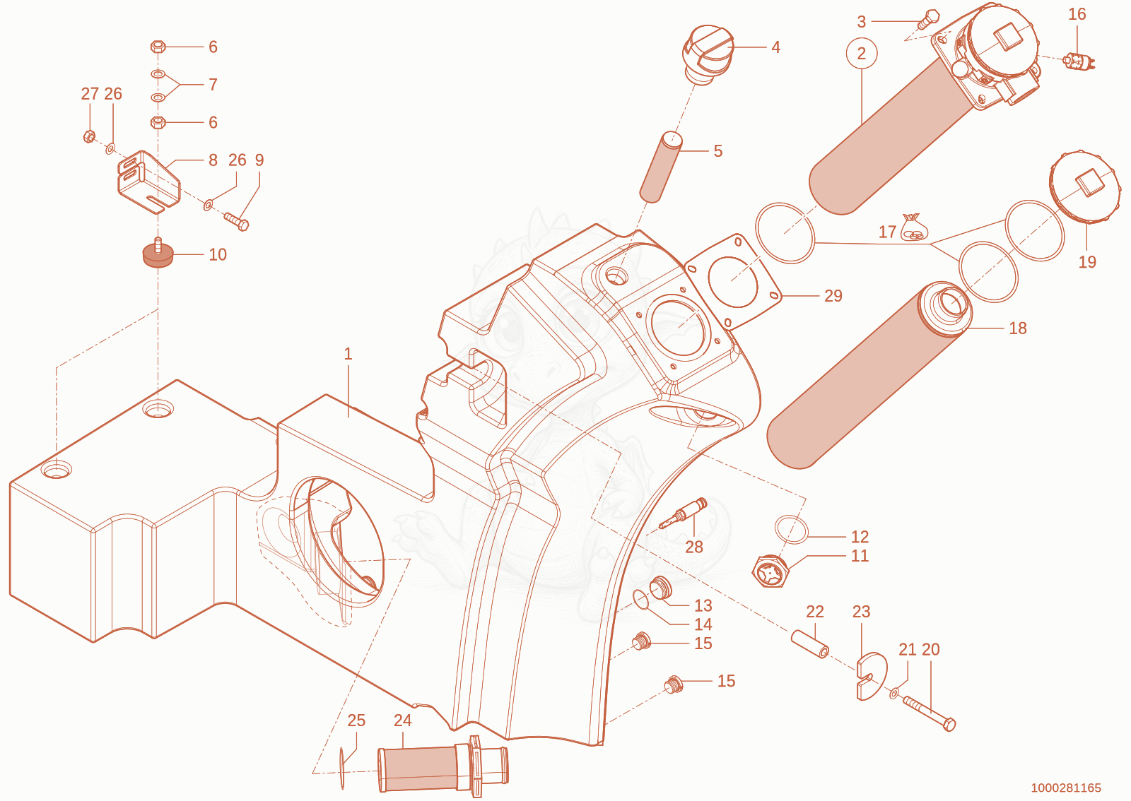 Exploded parts diagram of the oil tank of a Wacker Neuson TH755(416-04), with numbered balloons