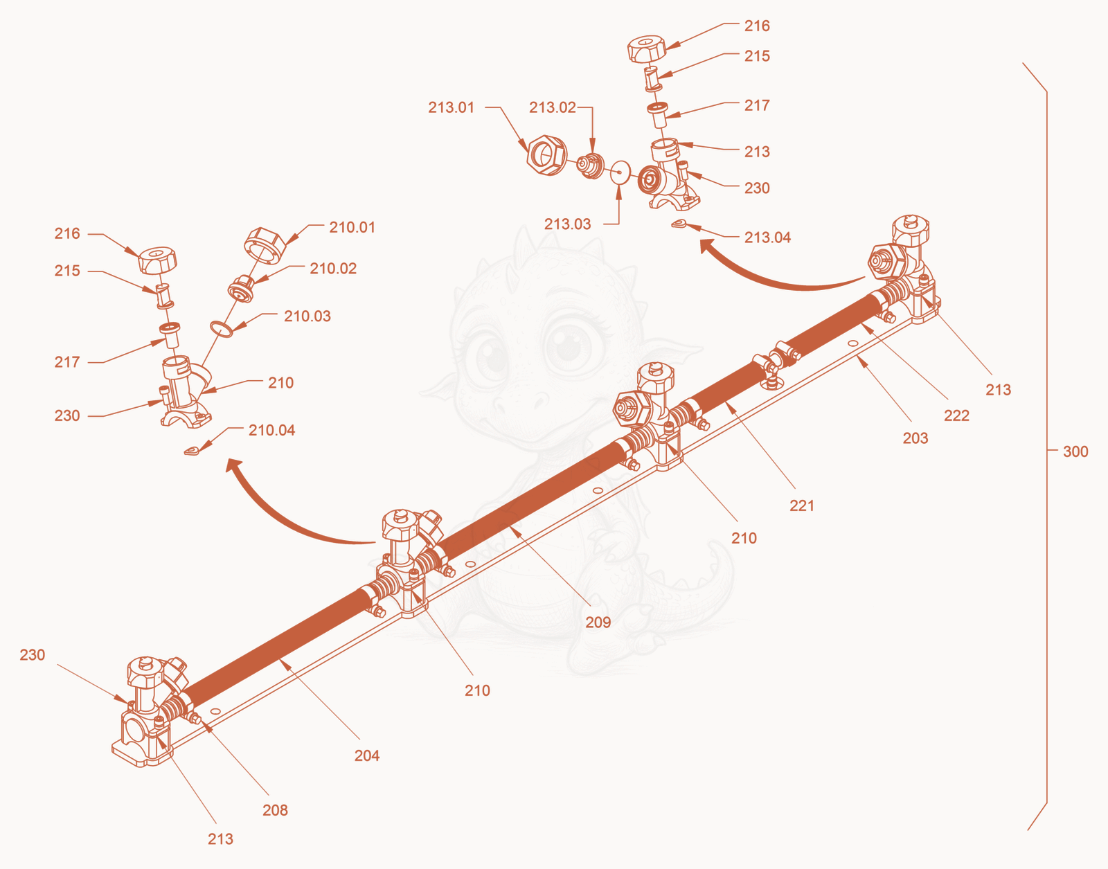 Exploded parts diagram of the sprinkling of a Wacker Neuson RD45-140, with numbered balloons