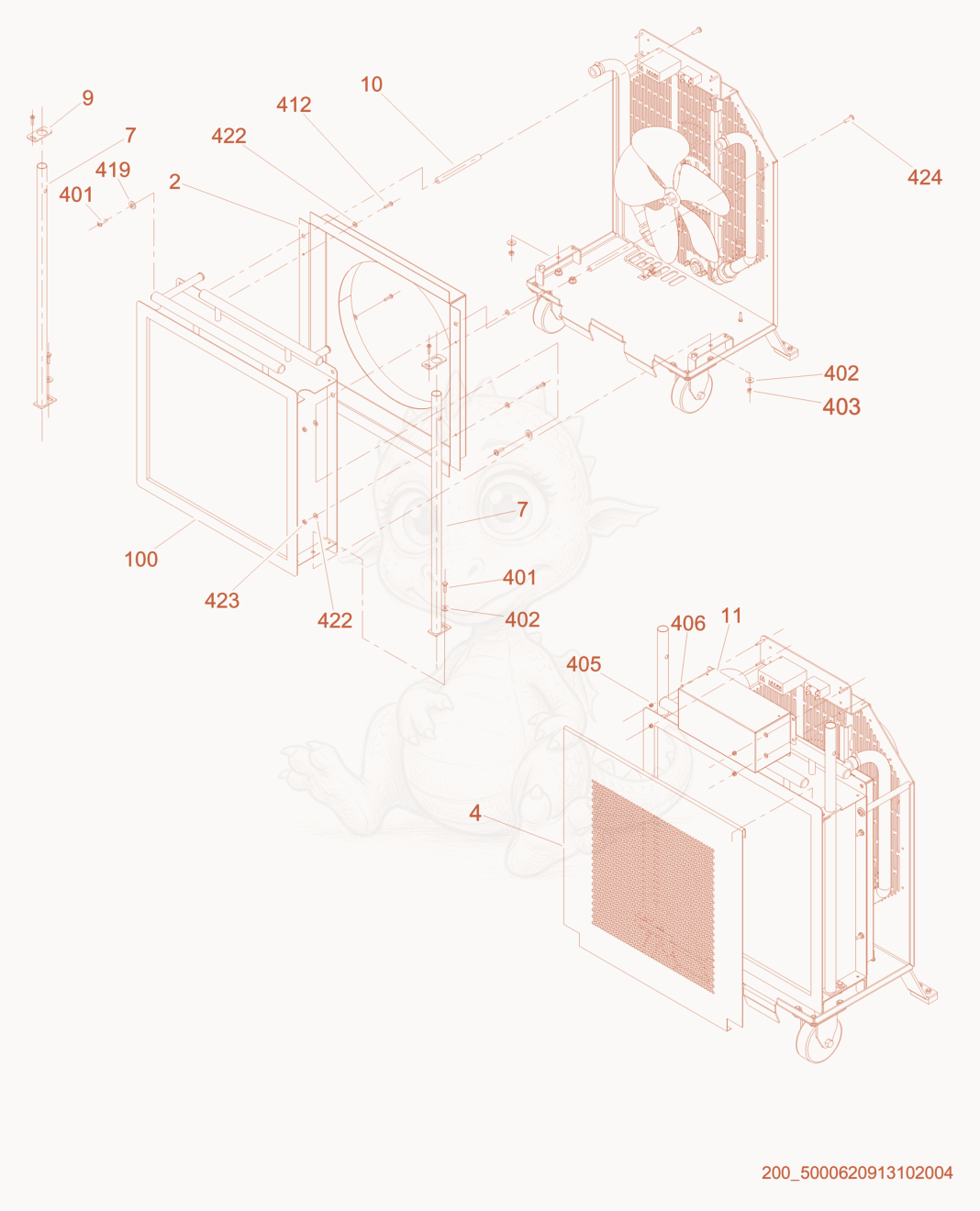 Exploded parts diagram of the Heat Exchanger of a Wacker Neuson HX30, with numbered balloons