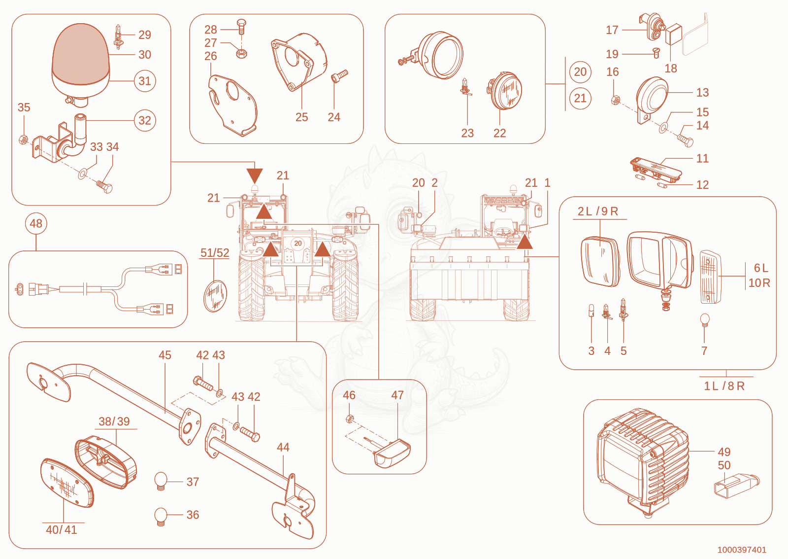Exploded parts diagram of the lighting of a Wacker Neuson TH735(415-16), with numbered balloons