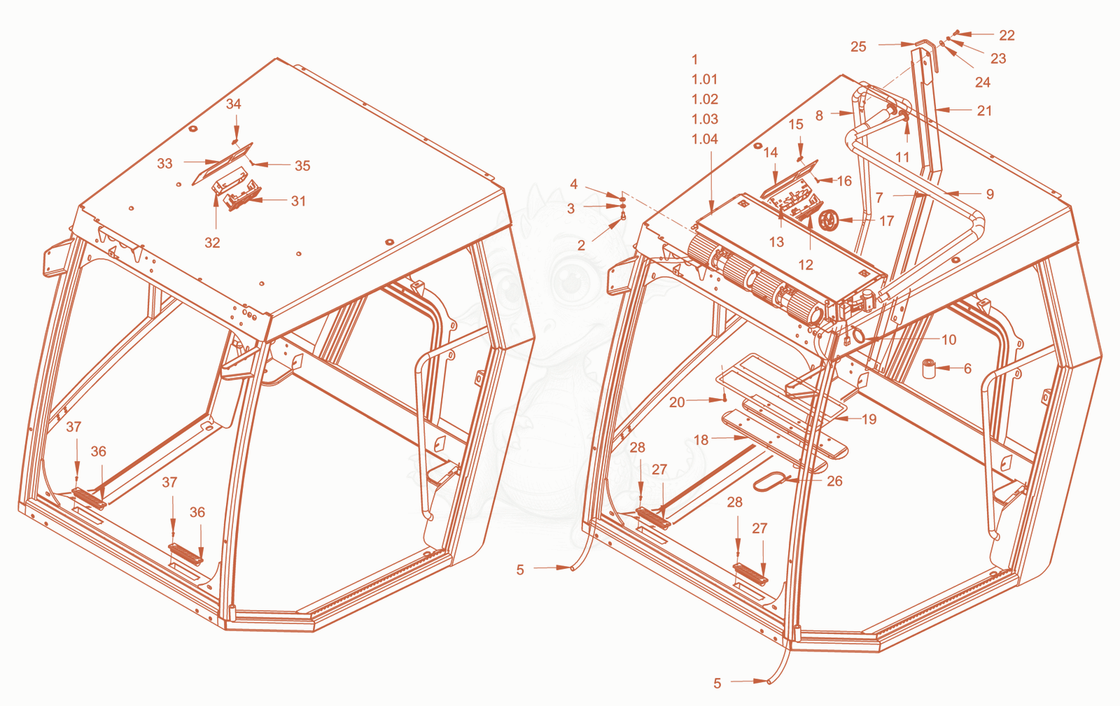 Exploded parts diagram of the driver's cabin of a Wacker Neuson RC110PUSROPS, with numbered balloons