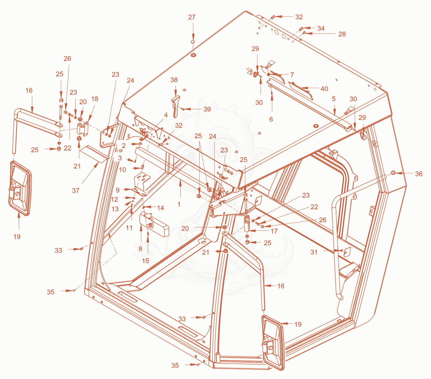 Exploded parts diagram of the driver's cabin of a Wacker Neuson RC110USROPS, with numbered balloons