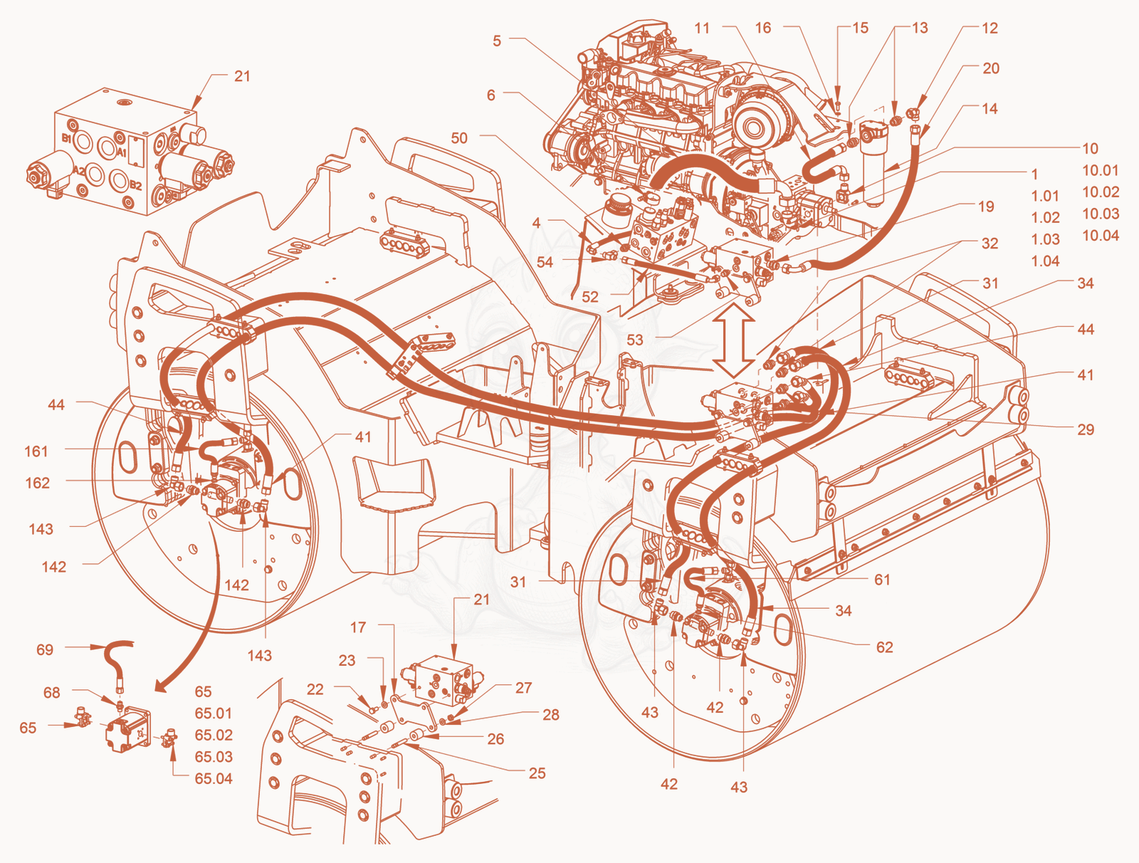 Exploded parts diagram of the vibration drive of a Wacker Neuson RD45-140, with numbered balloons