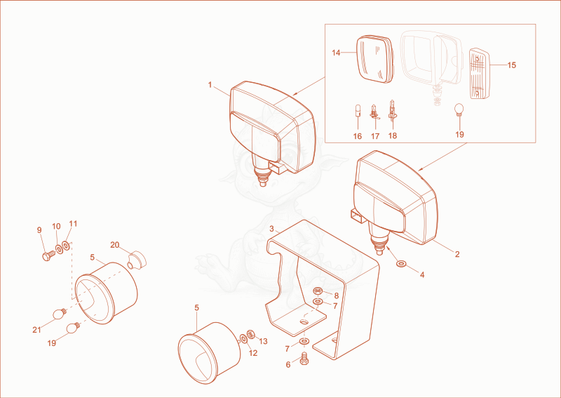 Exploded parts diagram of the lighting of a Wacker Neuson 9503, with numbered balloons