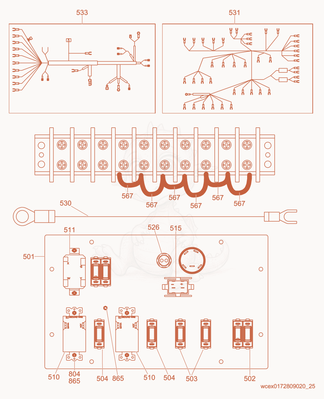 Exploded parts diagram of the Wiring Harness/Control Panel of a Wacker Neuson LTN8K, with numbered balloons
