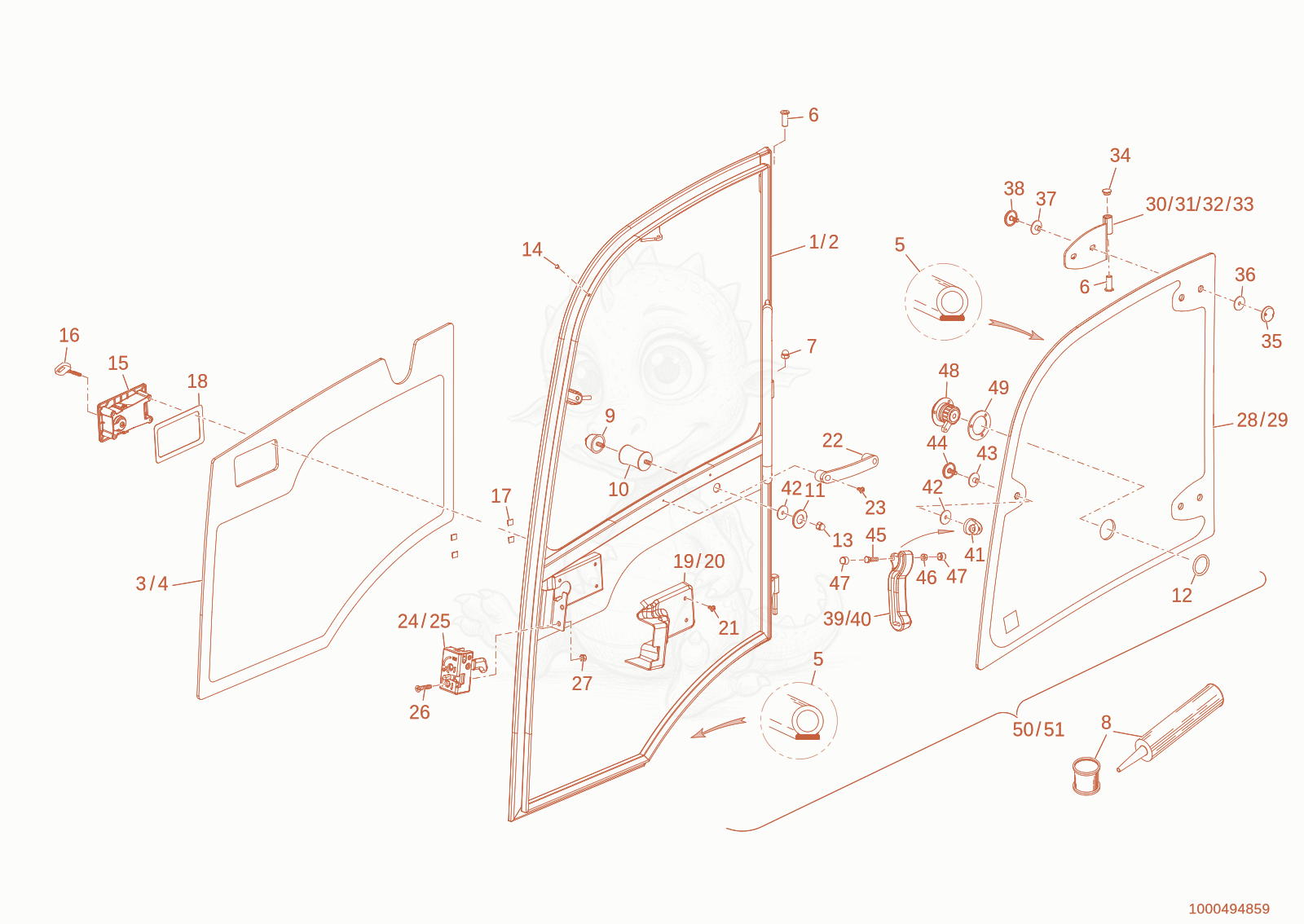 Exploded parts diagram of the cab door of a Wacker Neuson WL70STAGEV, with numbered balloons