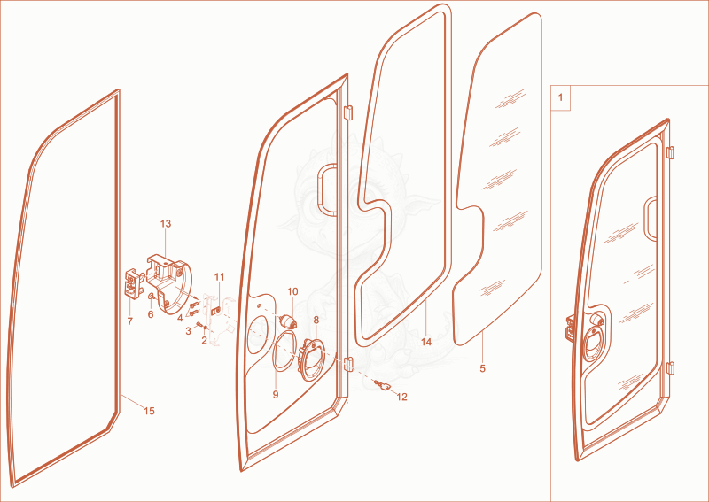 Exploded parts diagram of the door of a Wacker Neuson 1404, with numbered balloons