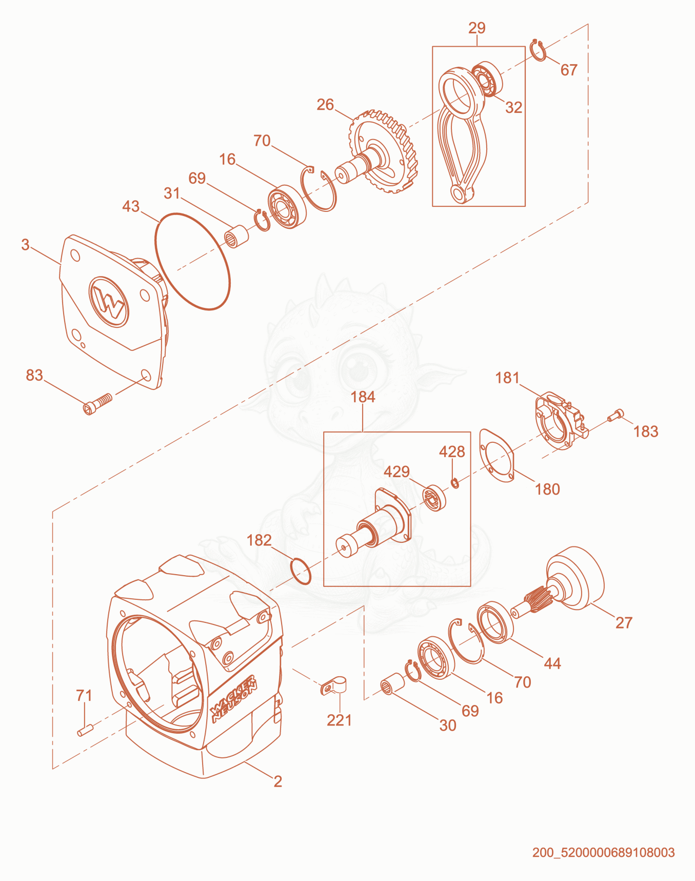 Exploded parts diagram of the Crankcase cpl. of a Wacker Neuson BS60-2I, with numbered balloons