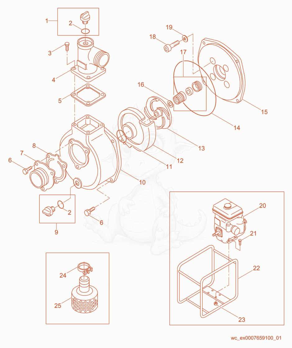 Exploded parts diagram of the Pump Components of a Wacker Neuson PG3A, with numbered balloons