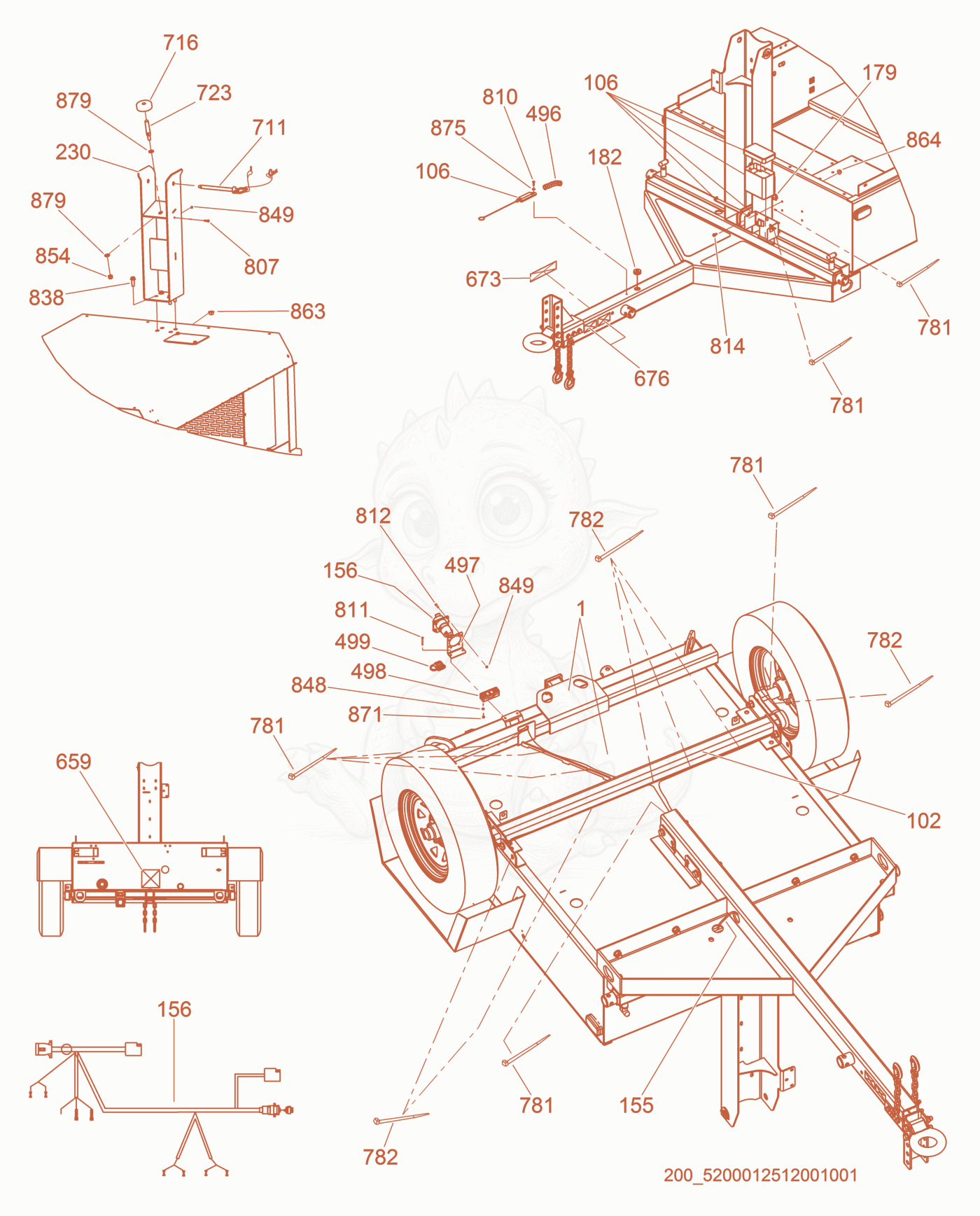 Exploded parts diagram of the Option-Tandem Tow, Electric Brakes, Containment Skid of a Wacker Neuson LTW6K, with numbered balloons