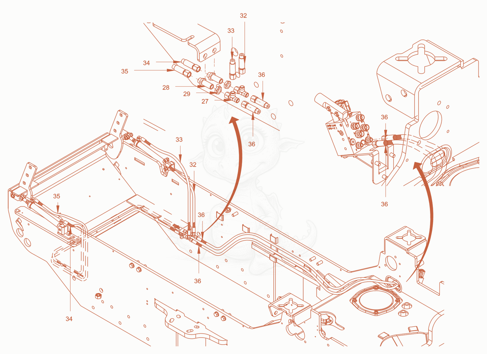 Exploded parts diagram of the tilting hydraulic of a Wacker Neuson RC110PUSROPS, with numbered balloons